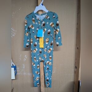 [NWT] Posh Peanut | Teal Coffee Print Kids Bamboo Onesie Pajamas